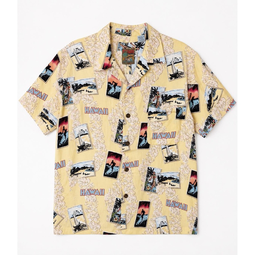 Pineapple Connection Hawaii Postcard Print Rayon Aloha Shirt Mens Large Yellow